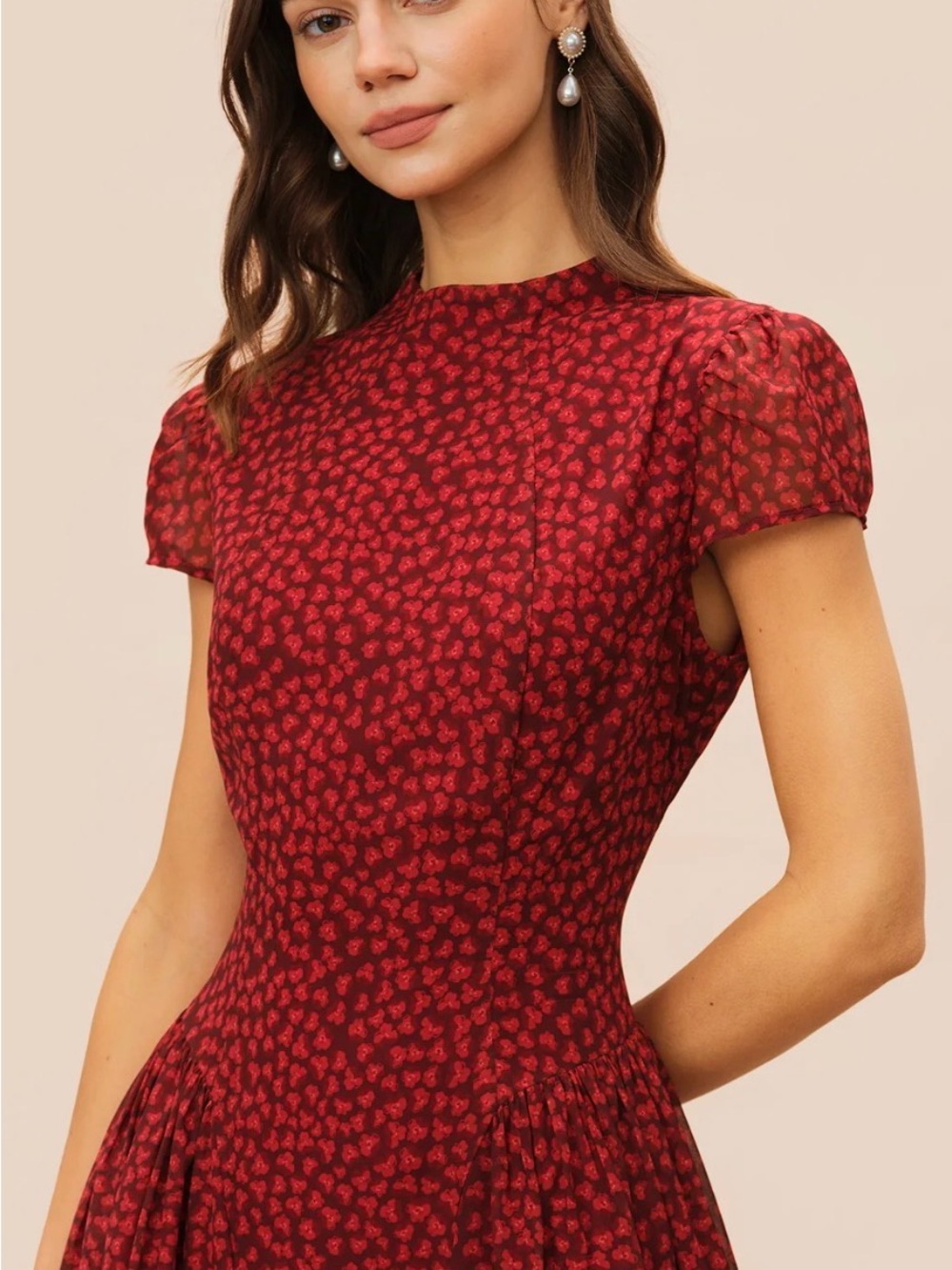 RIHOAS Burgundy Red Printed Midi Dress with Cap Sleeves - Picture 2 of 5